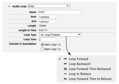 The Audio Loop section of the Sound File Information window, with the Loop Type menu expanded.