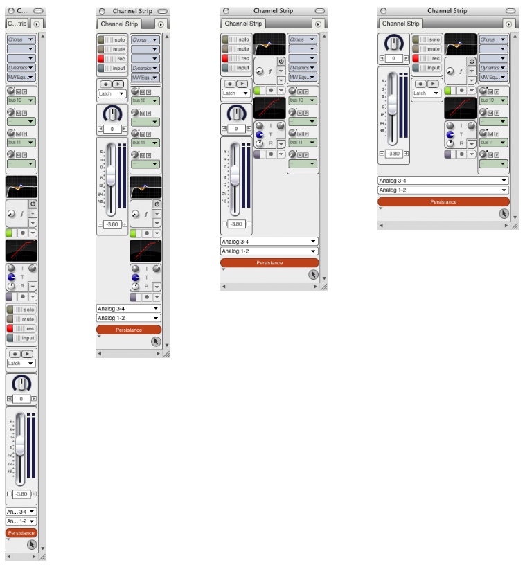 The Channel Strip window displayed with one, two, three, and four columns.