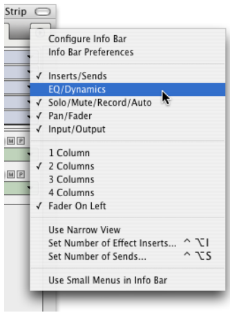 Using the Channel Strip mini-menu to show and hide sections in the Channel Strip