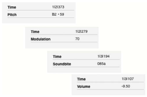 Cursor Information windows showing value updating from Pitch to Modulation, Soundbite, and Volume as the mouse is moved.