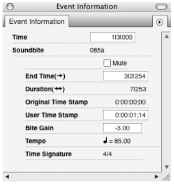 Event Information window with a soundbite selected, showing time, soundbite name, end time, duration, original and user time stamps, bite gain, tempo, and time signature.