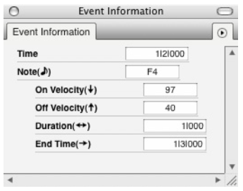 Event Information window when a MIDI note is selected, showing Time, note nate and note attributes On and Off Velocity, Duration and End Time.