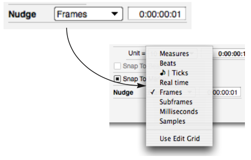 Nudge set to Frames with a value of 1 frame. Secondary image showing menu to select Nudge time format.