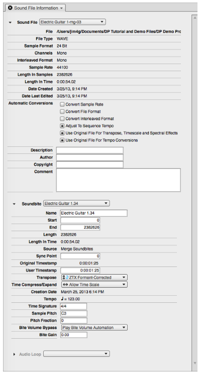 The Sound File Information window with Sound File and Soundbite sections expanded.