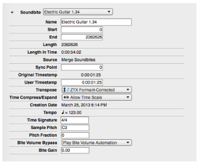 The Soundbite section of the Sound File Information window